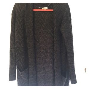 Long gray cardigan with hood.